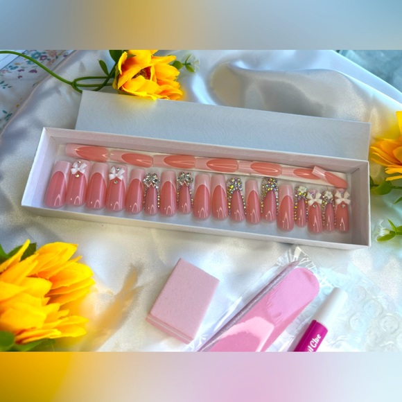 Other - Luxury Pink French Tip Press-On Nails with Rhinestone and 3D Bow Accents